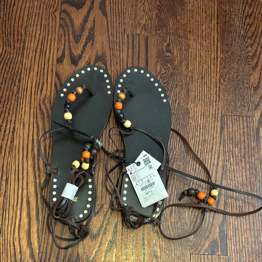 Zara Black Sandals with Orange and Beige Beads